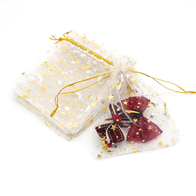 50PCS White Moon Stars Drawstring Organza Bags Jewelry Gift Bags Pouches Gold Star Organza Favor Pouches for Christmas Wedding