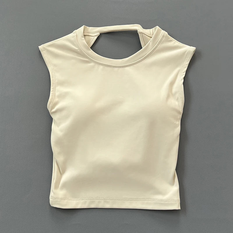 T-shirt de sport court, dos nu, avec coussinet de poitrine fixe, gilet moulant pour femmes, haut de yoga sans manches à séchage rapide