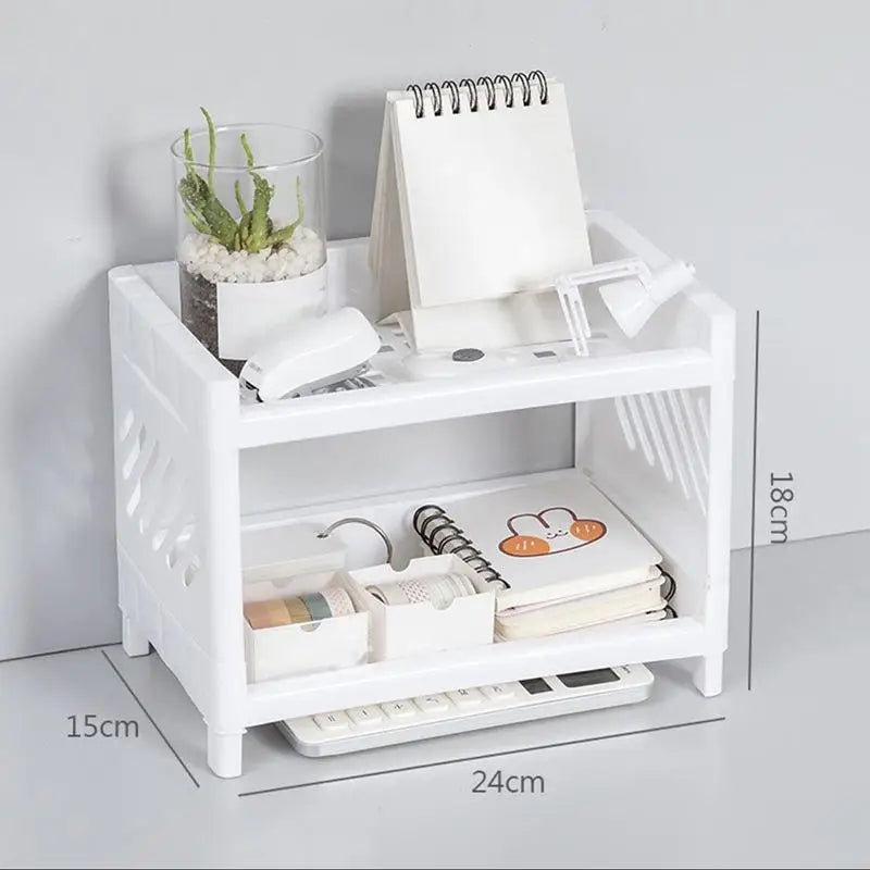 1 étagère de rangement rectangulaire blanche à double niveau en polypropylène (PP) pour bureau, idéale pour organiser le bureau des étudiants, les cosmétiques et la papeterie