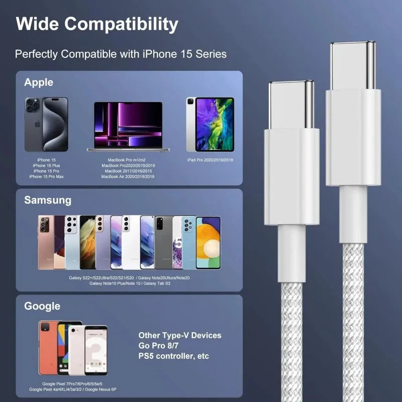 3 pièces câble USB C vers USB C 100W câble de chargeur de charge rapide prend en charge la charge rapide pour iPhone 16 15 Samsung Xiaomi Huawei etc.