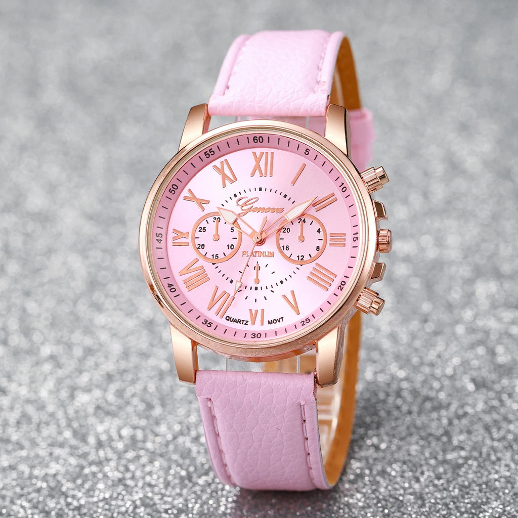 Ensemble de 5 montres pour femmes, style Genève, avec bracelet en cuir décontracté et strass en forme de cœur (sans boîte)