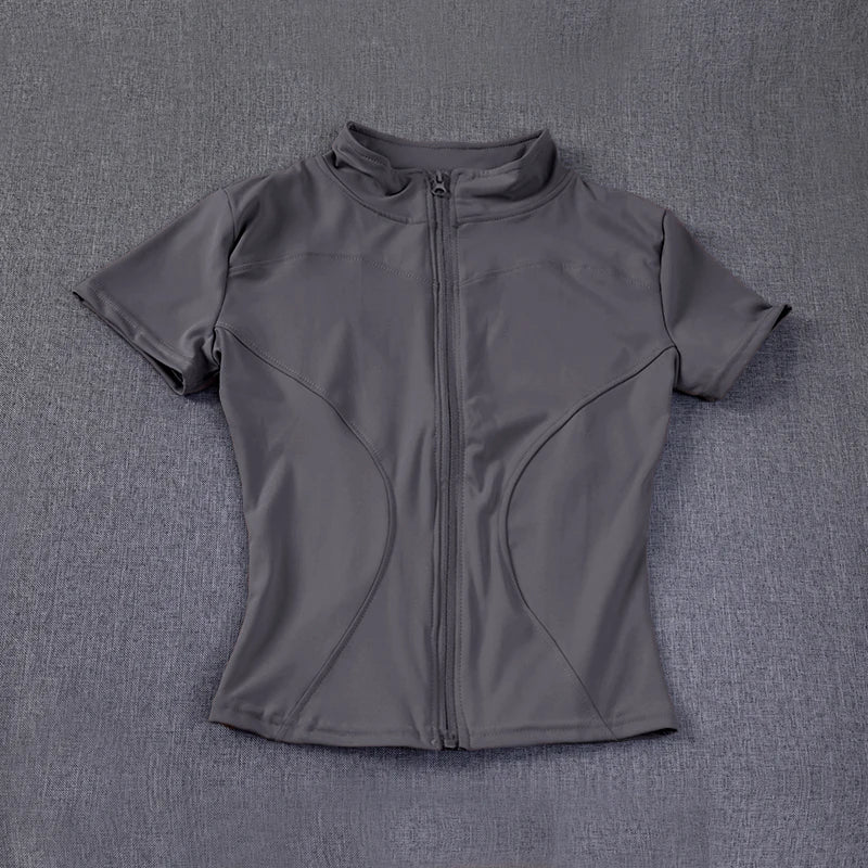 T-shirts de yoga à col montant et fermeture éclair intégrale, manches courtes