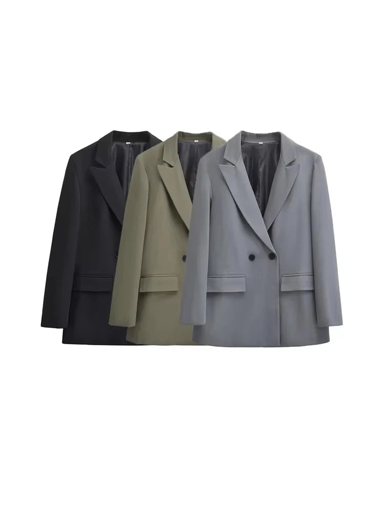 Manteau Blazer à Double boutonnage pour femmes, tenue de bureau, manches longues, poches à rabat, vêtements de dessus pour femmes, hauts chics, à la mode
