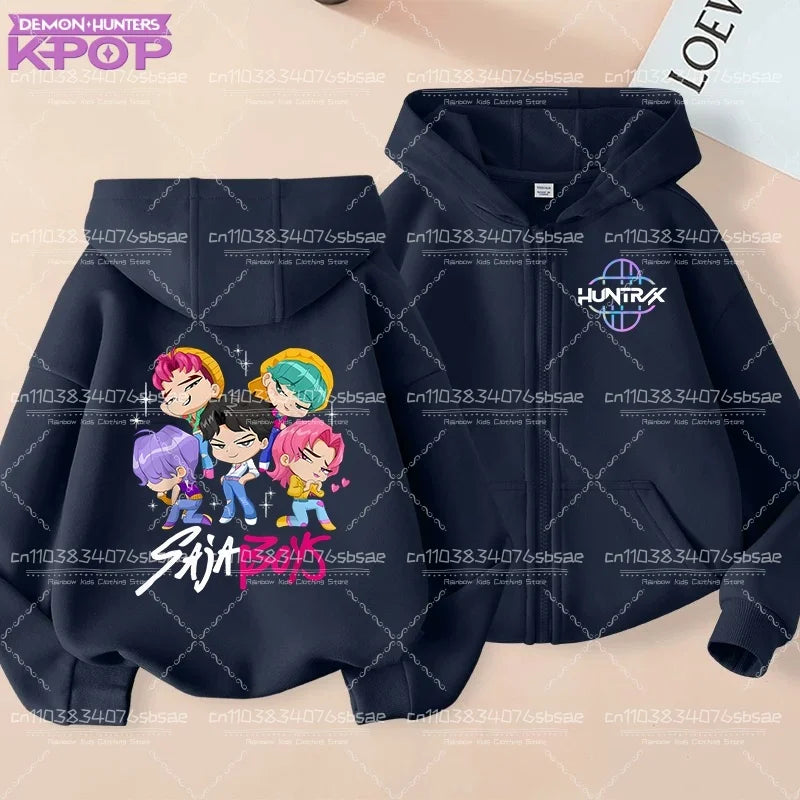 Pull à capuche K-pop Demon Hunters pour enfants, style anime, veste zippée tendance, garçon/fille, printemps/automne