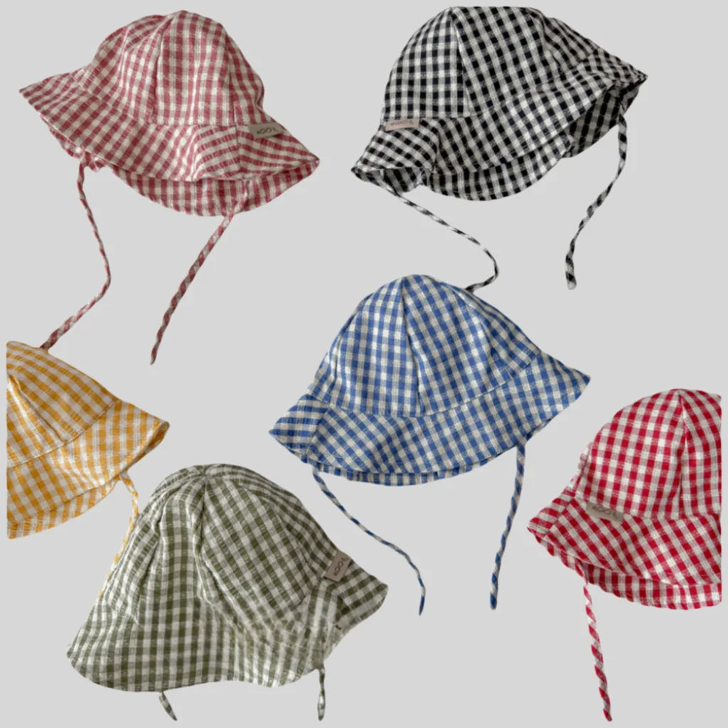 Chapeau bob à carreaux style Instagram pour bébé, idéal pour le printemps et l'été, avec bord fin et large, protection solaire et sangle ajustable