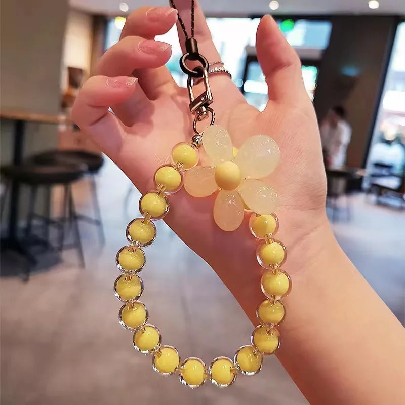Lanière de téléphone Anti-perte pour clé, pendentif de poignet court, Macaron coloré, perle ronde, chaîne à main pour femmes, lanière de téléphone portable