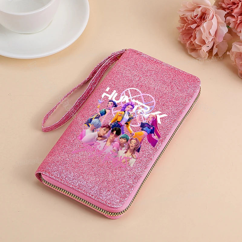 Portefeuille long KPop Demon Hunters pour femmes, à paillettes et fermeture éclair, en cuir PU, porte-monnaie, porte-cartes d'identité, pochette pour femme