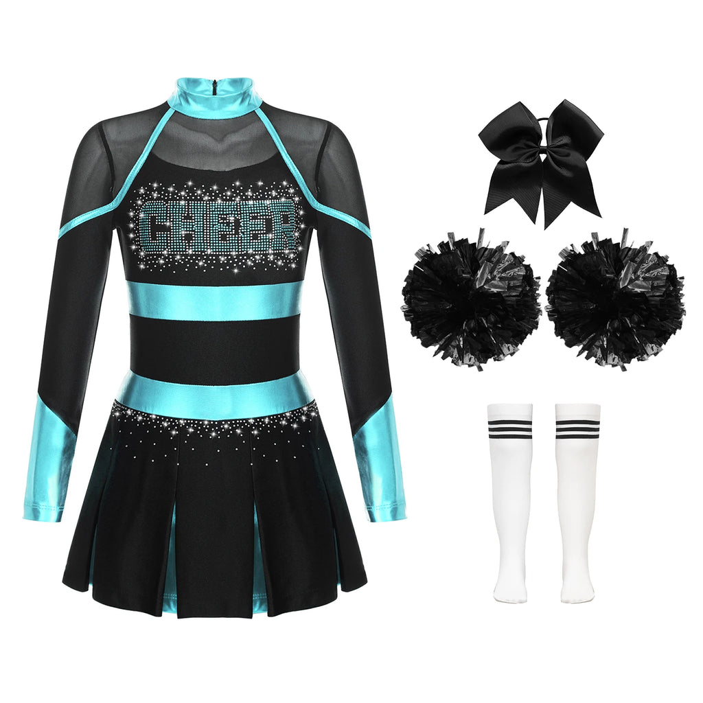 Uniformes de pom-pom girl pour enfants filles, 4 pièces, tenue de danse à l'école, paillettes brillantes, robe à épaules dénudées, déguisement de pom-pom girl de carnaval