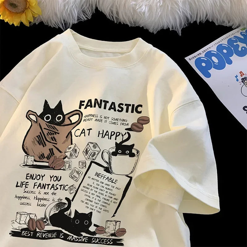 T-shirt unisexe oversize style coréen, imprimé chat de dessin animé, manches courtes, coupe décontractée