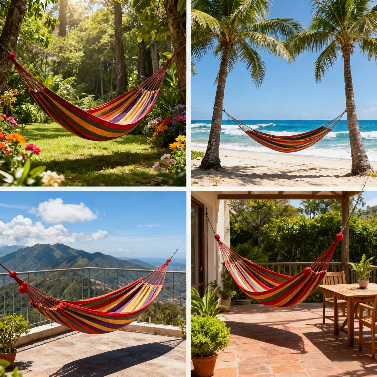 Hamac double pour 2 personnes en toile de coton avec sangles pour arbres, pour terrasse, jardin, cour, extérieur et intérieur (rouge, bleu)