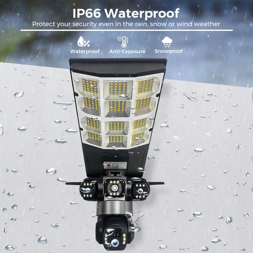 Caméra solaire capteur réverbère LED 3 Modes d'éclairage trois objectifs 4G 15MP caméras de Surveillance extérieure IP66 étanche télécommande