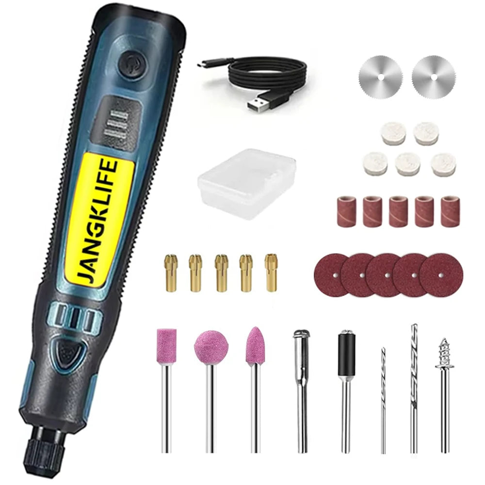 JANGKLIFE Kit d'outils rotatifs sans fil USB stylo de gravure sur bois bricolage pour bijoux métal verre Mini perceuse sans fil