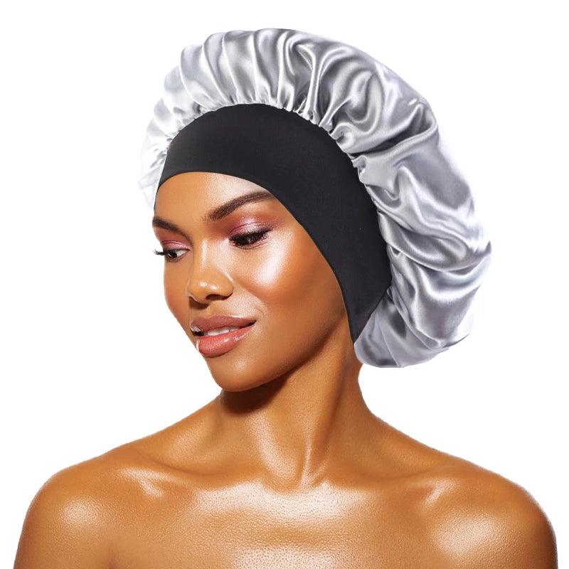 Bonnets solides en Satin pour femmes, Bonnet de bain à larges bords pour dormir la nuit, unisexe, bandeau élastique, Bonnet de soins capillaires