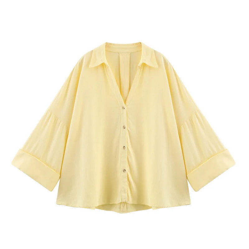 Chemisiers tendance printemps/été 2025 pour femmes - Chemises à manches longues et col en V, couleur unie, tenue de bureau élégante