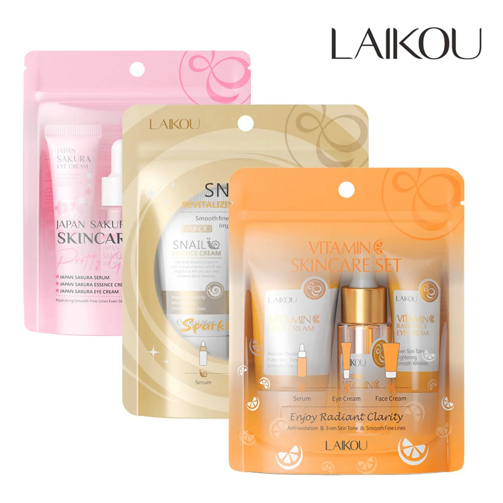 3pcs/set LAIKOU Ensemble de soins de la peau Vitamin C Sakura Essence d’escargot Sérum & Crème pour les yeux et le visage Hydratant Taille de voyage Ensemble de soins de la peau