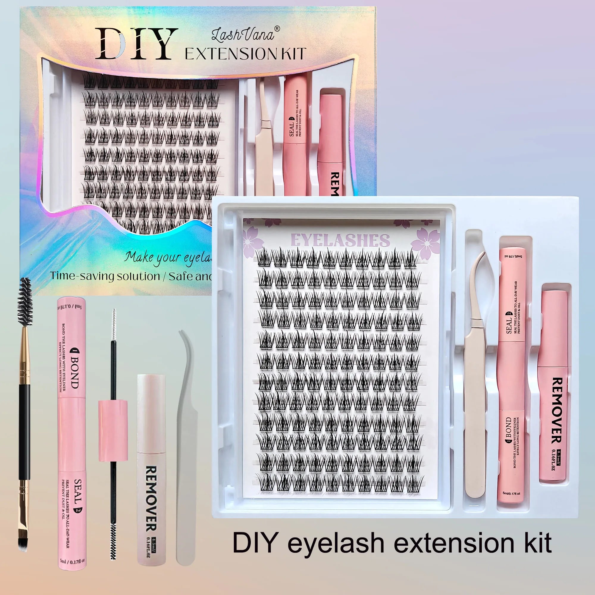 DiY Cluster Lashes Kit 200 Pcs: 8-16mm Mixed, Bond & Seal Glue, Tweezers for Natural Self Application Look