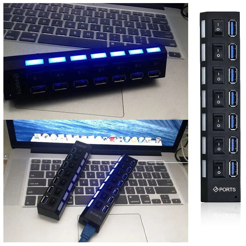 Hub d'extension USB 2.0 à 7 ports pour ordinateur portable ou de bureau
