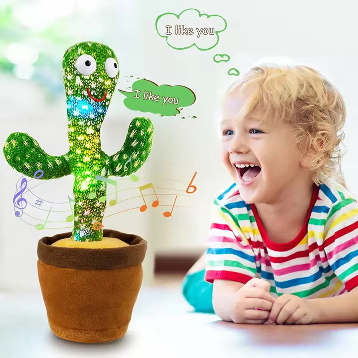 1 cactus parlant rechargeable, avec fonction d'enregistrement et de répétition. Changeur de voix disponible en espagnol, anglais et arabe