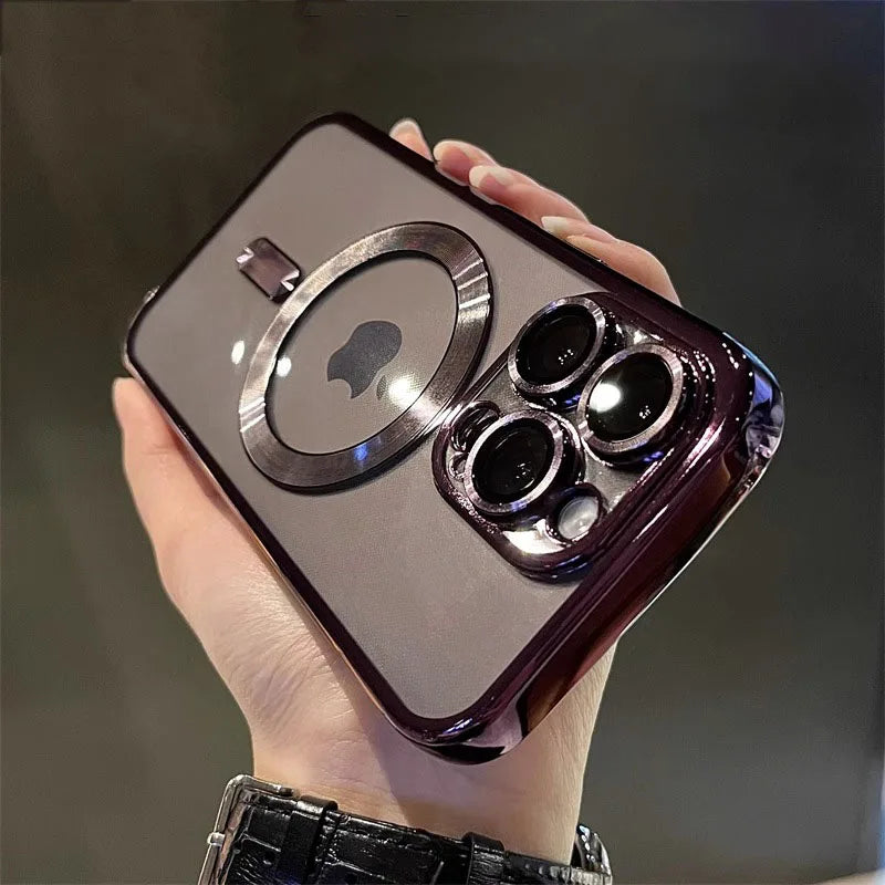 Étui transparent de luxe avec revêtement magnétique pour iPhone 11, 12, 13, 14, 15, 16, 17, Pro Max et Air Plus, compatible avec la recharge sans fil MagSafe et résistant aux chocs