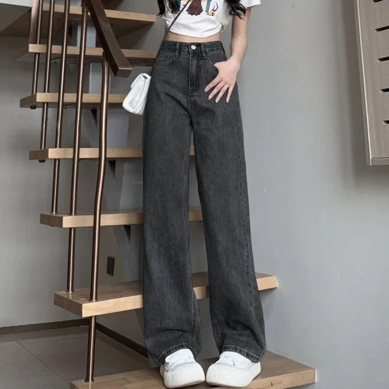 Jean Vintage à jambes larges pour filles, pantalon taille haute, mode féminine, noir, gris, rétro, bleu clair, rose, Denim