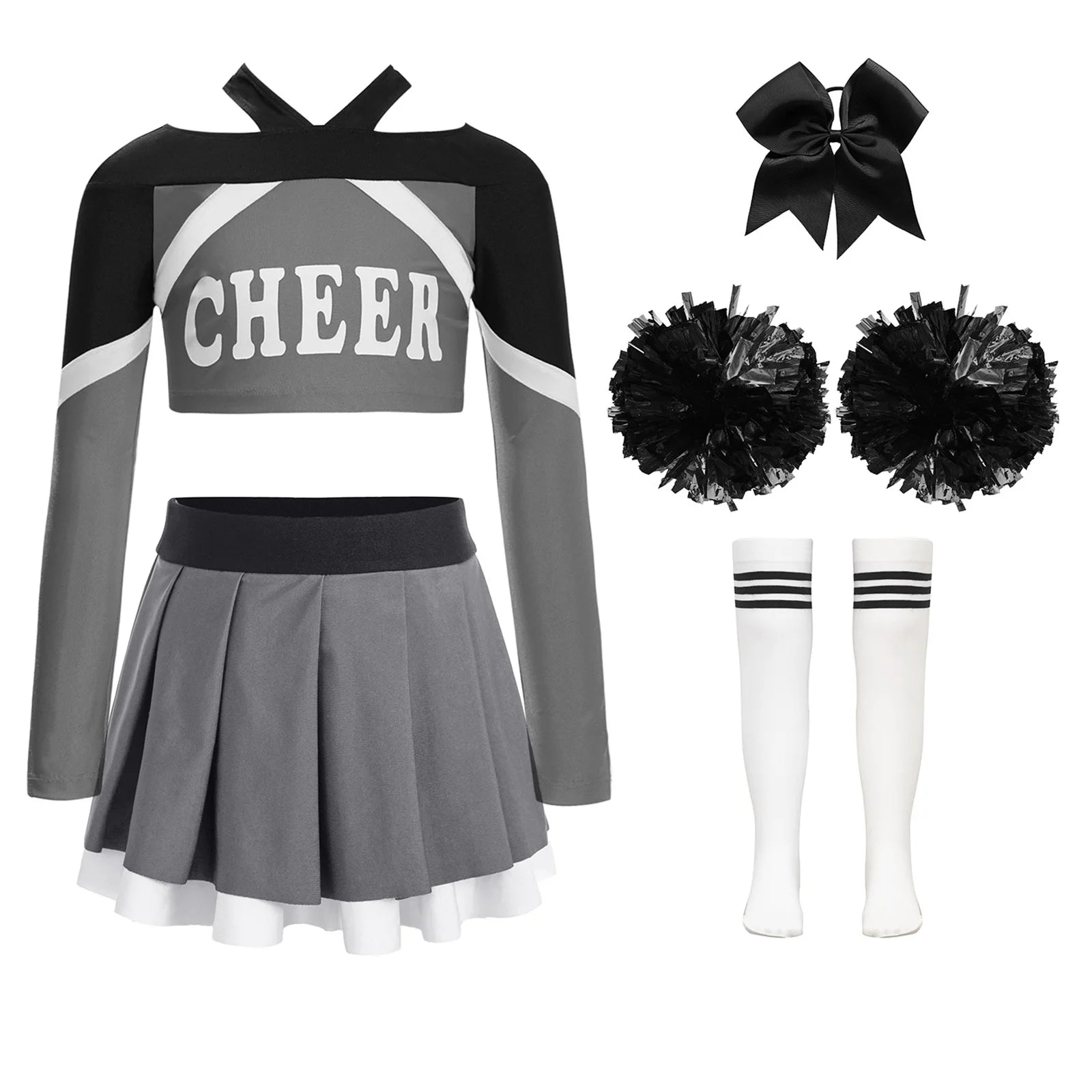 Uniformes de pom-pom girl pour enfants filles, 4 pièces, tenue de danse à l'école, paillettes brillantes, robe à épaules dénudées, déguisement de pom-pom girl de carnaval