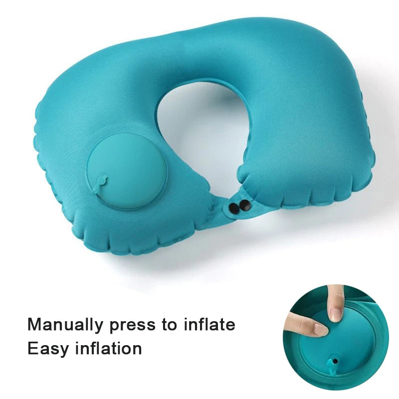 Oreiller gonflable à presser pour détendre la nuque. Oreiller de voyage en forme de U, pliable et portable, avec système anti-fuite. Oreiller en forme de U classique