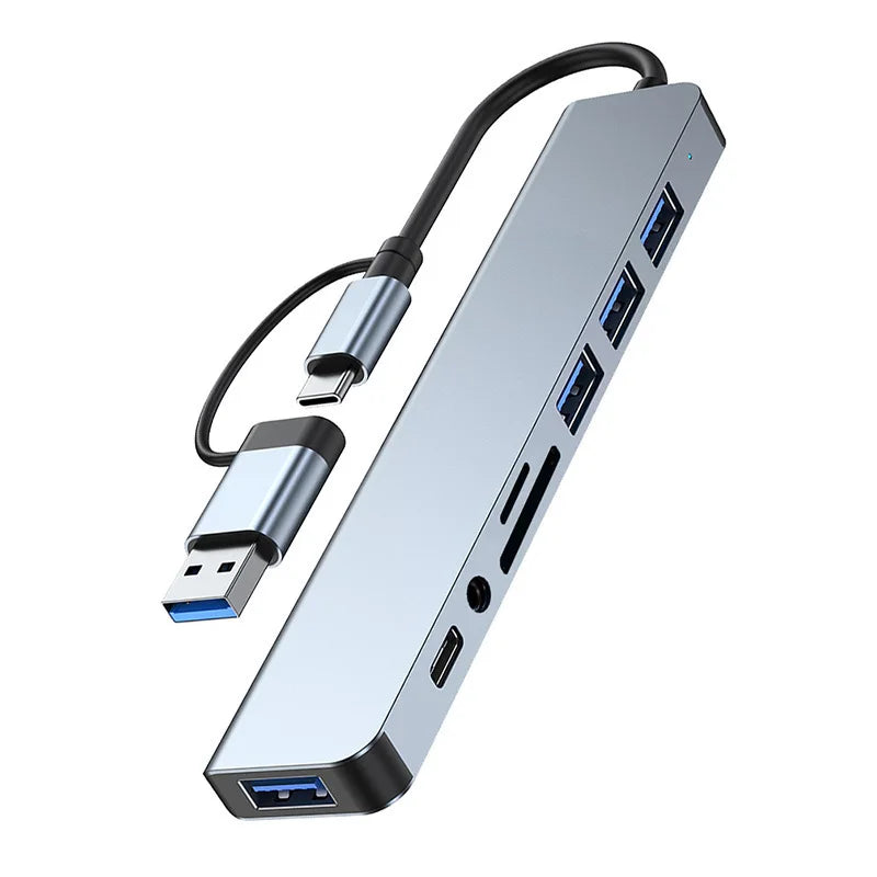 Station d'accueil hub USB + Type C 8 en 2 avec adaptateur audio jack 3,5 mm, lecteur de carte micro SD, convertisseur de disque pour ordinateur portable, tablette et téléphone.