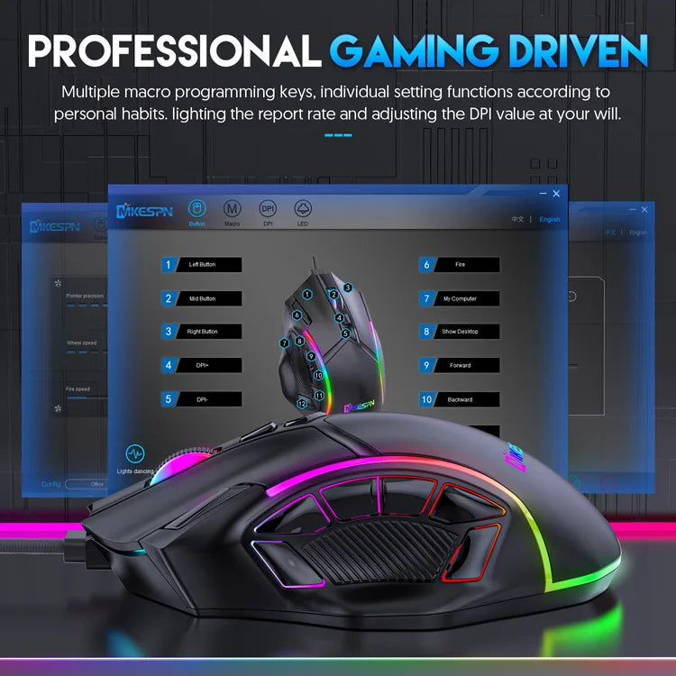 Souris gaming 12800 DPI sans poids, macro RGB, 12 touches programmables, éclairage RGB jusqu'à 6 niveaux, compatible PC, Mac, PC portable et PUBG.