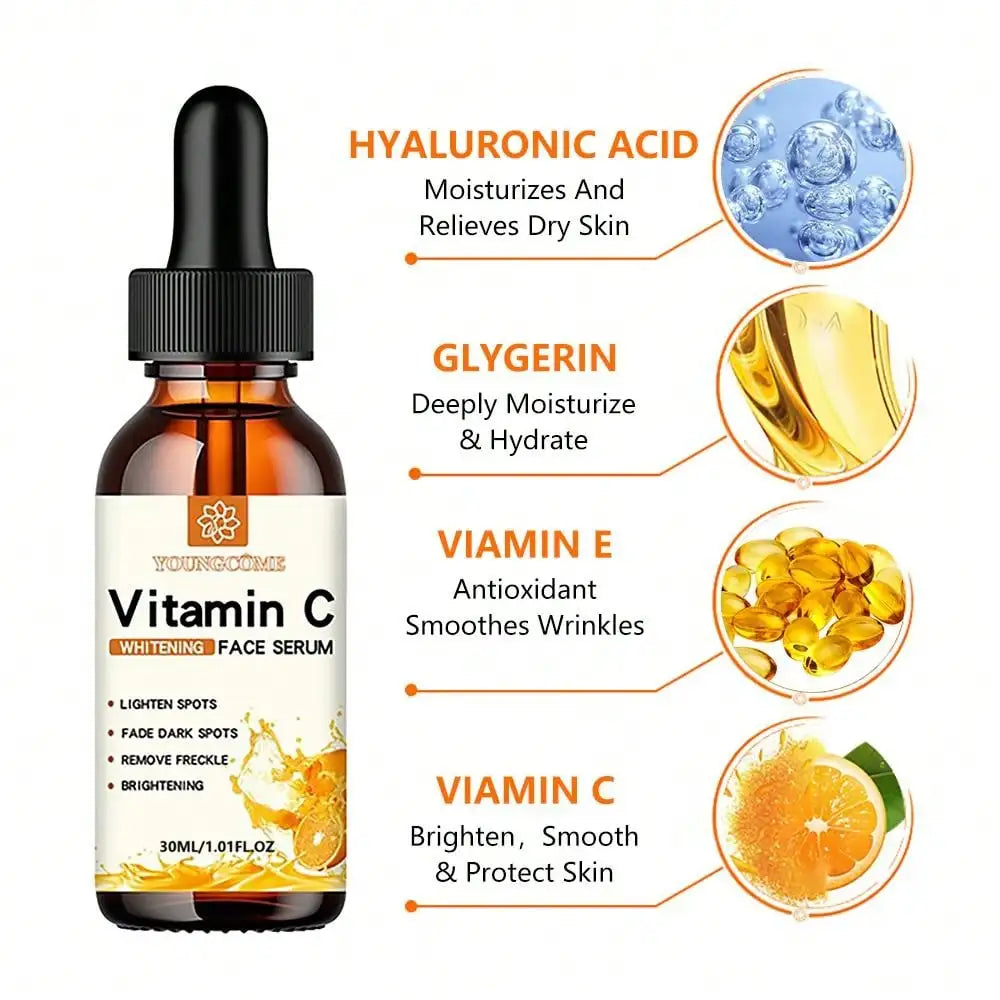 L'essence du visage à la vitamine C contient de l'acide hyaluronique, dissolvant de taches foncées, réparation hydratante, Anti-âge, soins de la peau du visage, 30ml