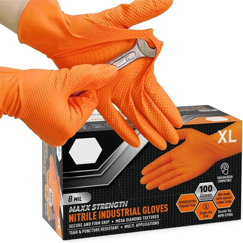 Gants jetables industriels en nitrile orange résistant 8 mil avec grip texturé en losange pour la sécurité des mécaniciens et le travail