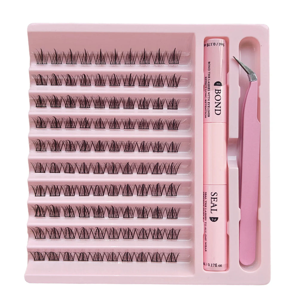 DiY Cluster Lashes Kit 200 Pcs: 8-16mm Mixed, Bond & Seal Glue, Tweezers for Natural Self Application Look