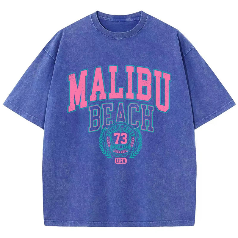 Malibu Beach T-Shirt lavé femmes lettre impression coton T-Shirt confortable col rond hauts décontracté surdimensionné t-shirts vêtements féminins
