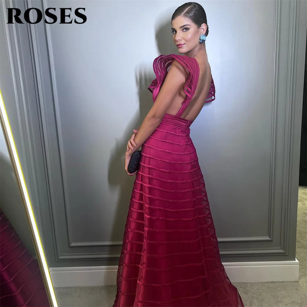 ROSES Robe de bal fuchsia trapèze plissée sans manches pour femme, décolleté en V profond, robe de soirée de mariage, robe de bal personnalisée