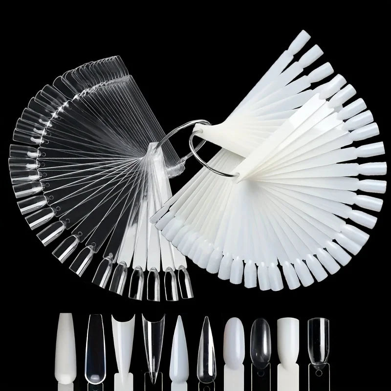 50 bâtonnets d'échantillons de vernis à ongles avec anneau, présentoir transparent en forme d'éventail pour la pratique du nail art, bâtonnets d'échantillons colorés pour la pratique du nail art