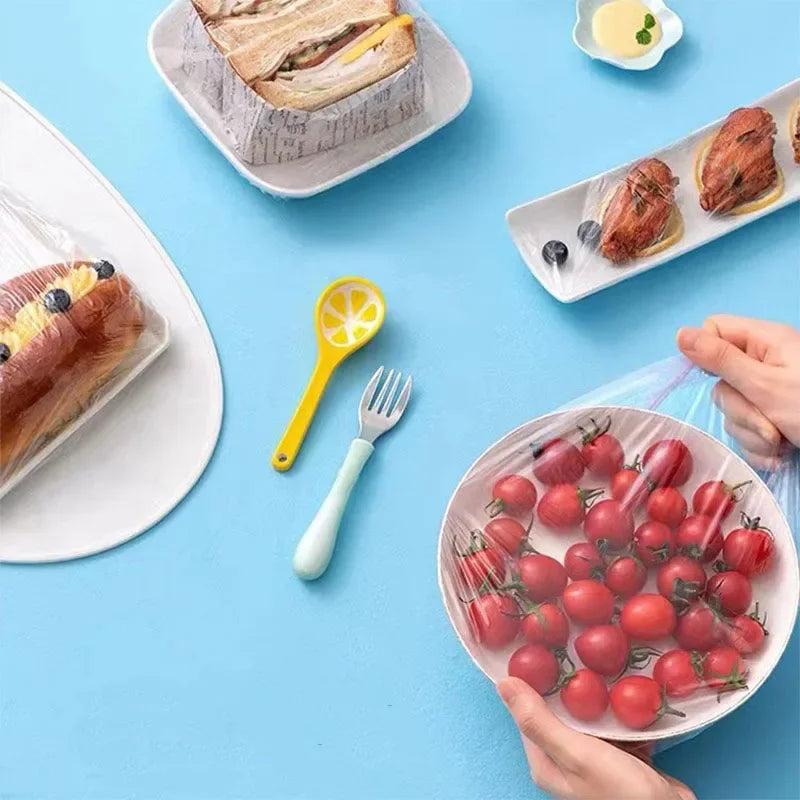 100 couvercles alimentaires élastiques, couvercles jetables en plastique pour bols de fruits et légumes, emballages fraîcheur