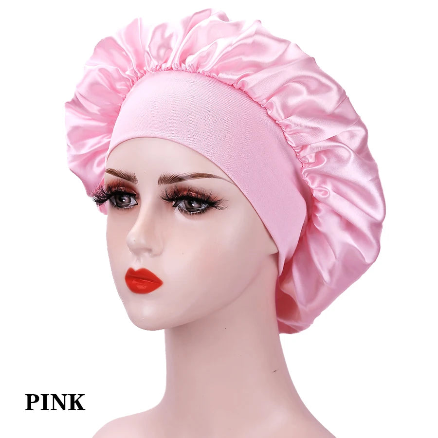 Bonnets en satin de soie pour femmes et hommes - Bonnet élastique à large bande pour cheveux bouclés - Bonnet de douche pour dormir, outil pour perruque