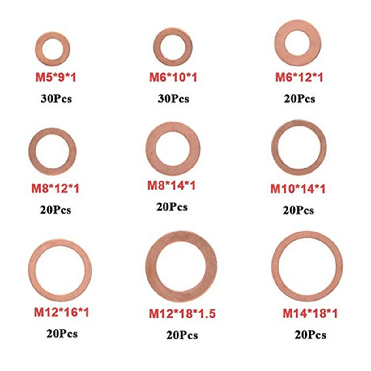 Kit d'assortiment de joints d'étanchéité en cuivre, écrous et boulons, bague plate, avec boîte // M8/M10/M12/M14 pour bouchons de puisard