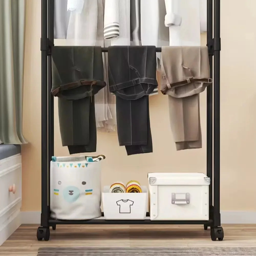 Portant à vêtements double barre avec crochets, organisateur de vêtements suspendus pour chambre à coucher, cintre mobile à roulettes