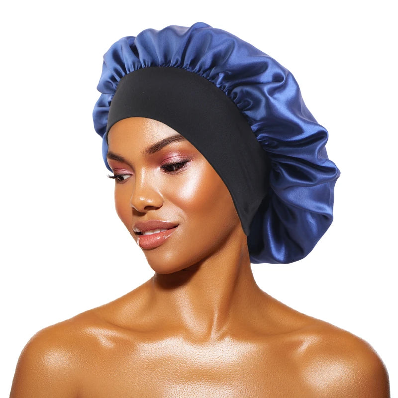 Bonnets solides en Satin pour femmes, Bonnet de bain à larges bords pour dormir la nuit, unisexe, bandeau élastique, Bonnet de soins capillaires