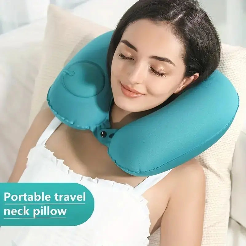Oreiller gonflable à presser pour détendre la nuque. Oreiller de voyage en forme de U, pliable et portable, avec système anti-fuite. Oreiller en forme de U classique