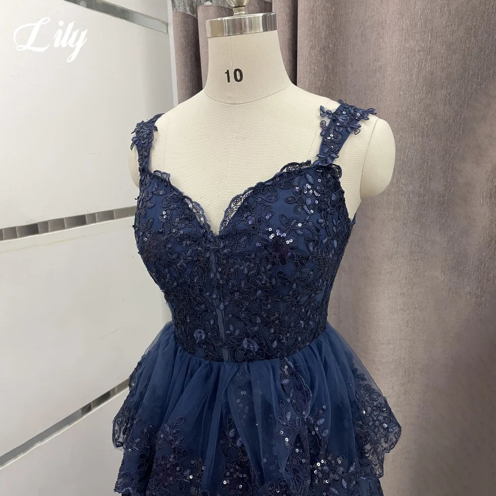 Robe de soirée bleu marine Lily, coupe trapèze, bustier cœur à volants, plis, fines bretelles, robe pour occasion spéciale, personnalisée