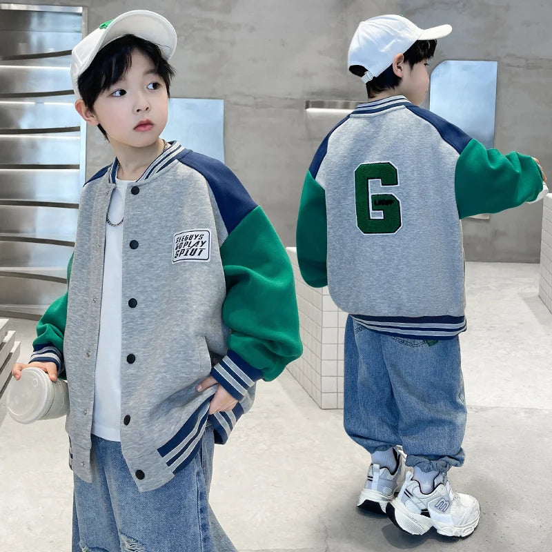 Veste de baseball tendance automne 2025 pour garçons, col rond, style sportif, tailles 5, 7, 9, 11, 13 et 14 ans