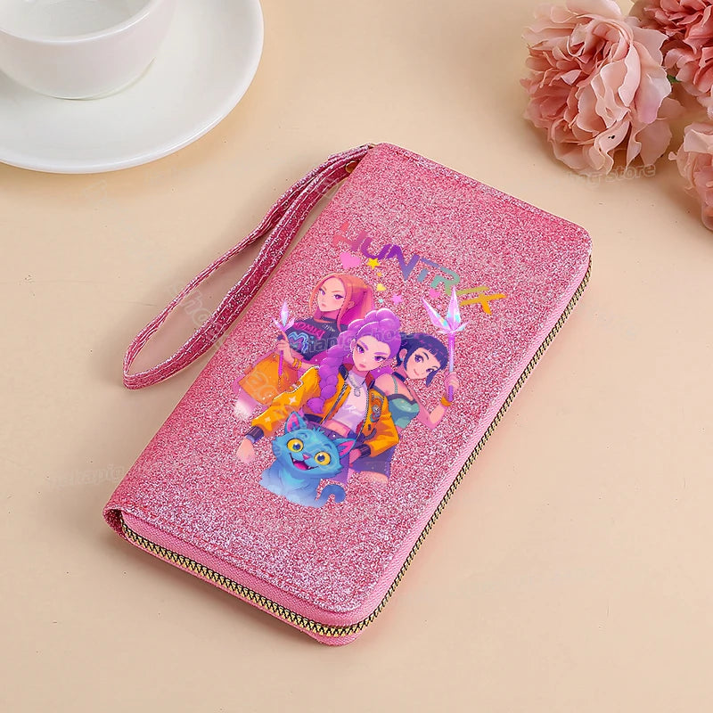 Portefeuille long KPop Demon Hunters pour femmes, à paillettes et fermeture éclair, en cuir PU, porte-monnaie, porte-cartes d'identité, pochette pour femme