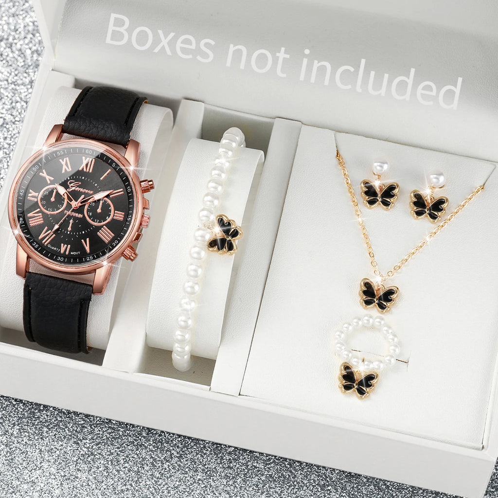 Ensemble de 5 montres pour femmes, style Genève, avec bracelet en cuir décontracté et strass en forme de cœur (sans boîte)