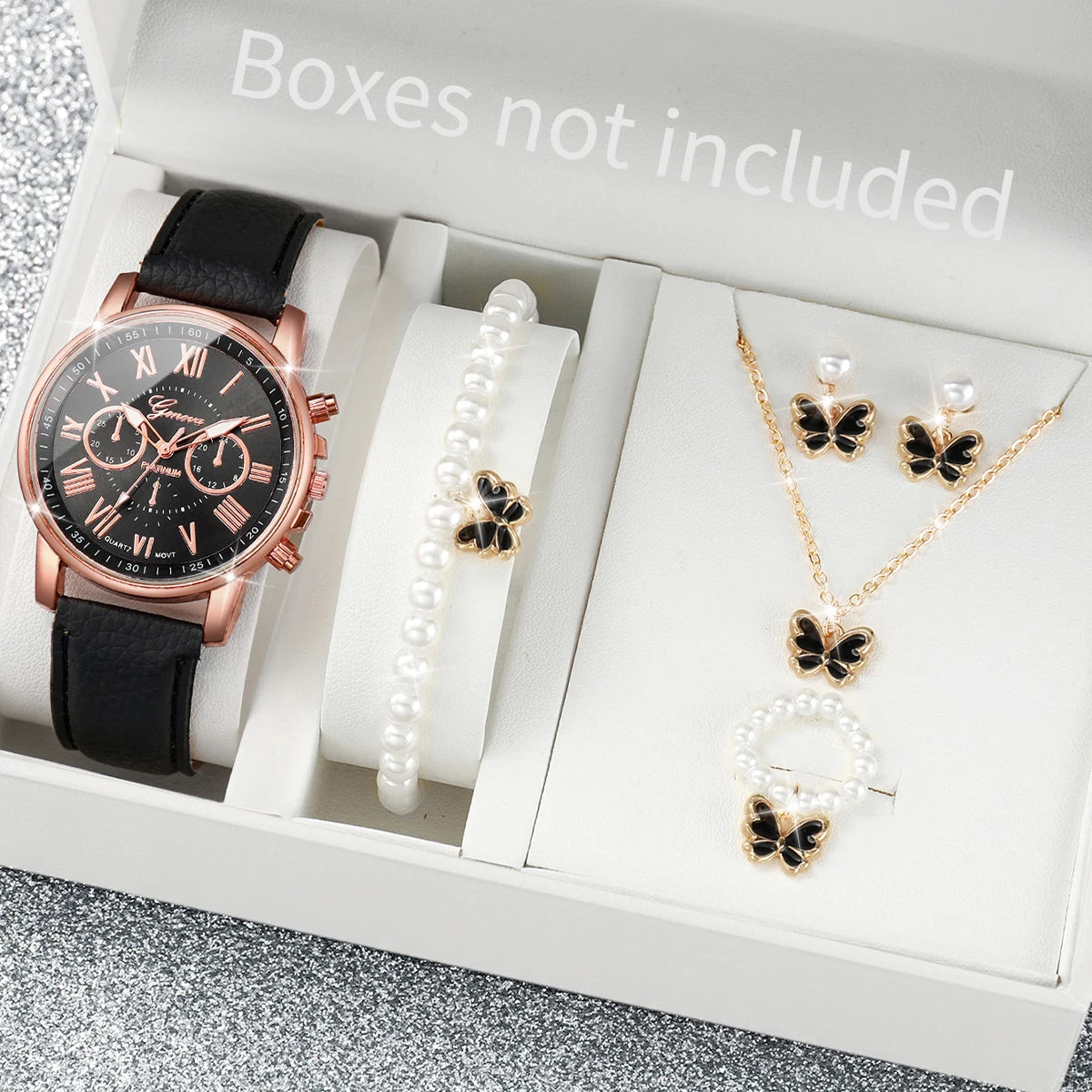 Ensemble de 5 montres pour femmes, style Genève, avec bracelet en cuir décontracté et strass en forme de cœur (sans boîte)