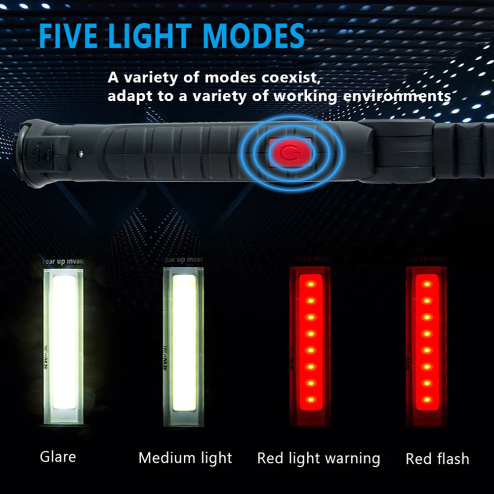Lampe de poche USB, torche Rechargeable, outil cadeaux pour hommes, lampe de travail LED avec Base magnétique, 5 Modes pour la maison et le Camping en plein air