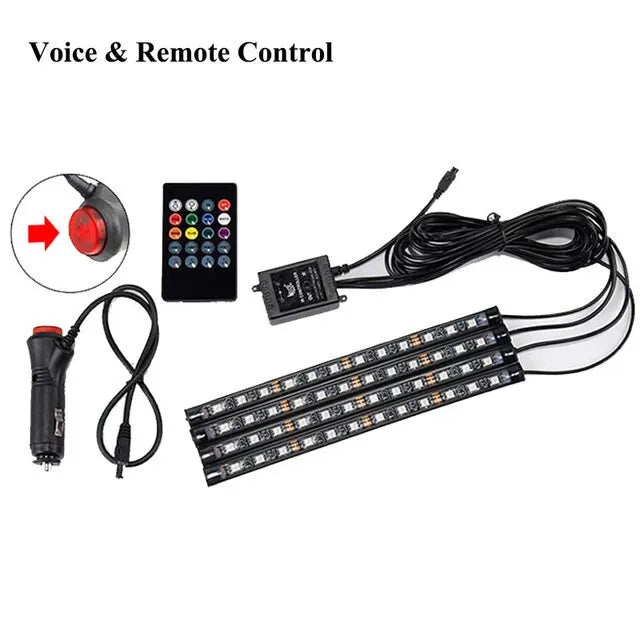 Bande LED néon 48 LED RGB pour éclairage d'ambiance au sol de voiture, avec port USB/prise allume-cigare et télécommande