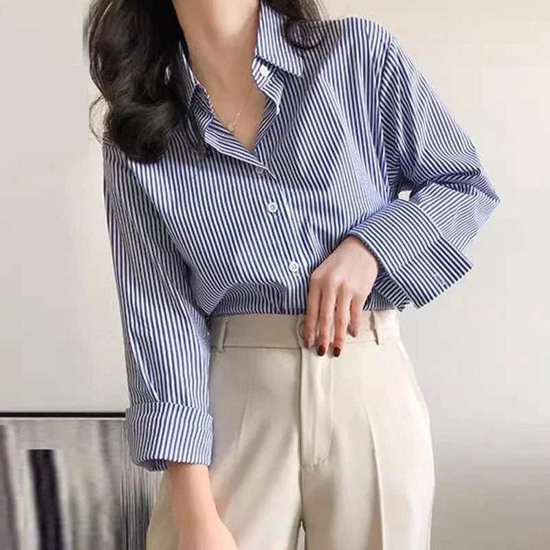 Classique Rayé Femme Printemps Automne Blouses Chemise Dame Longue Lanterne Manches Col Montant Lâche Haut Blouse