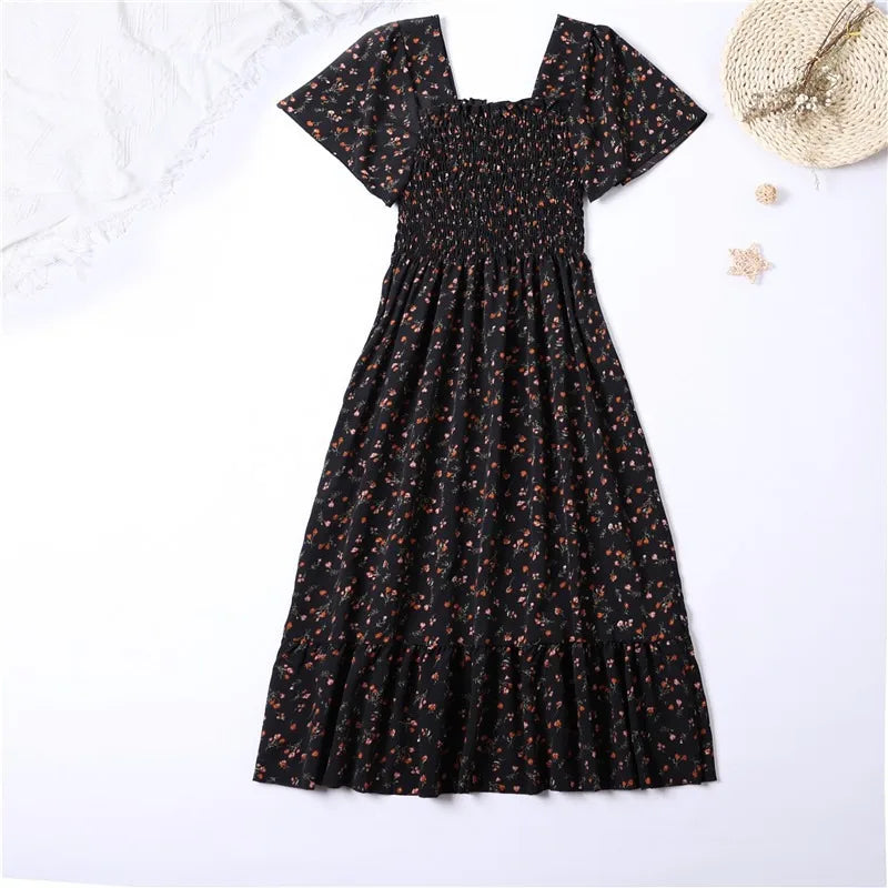 Printemps été robe en mousseline de soie femmes robes mi-longues femme manches courtes taille élastique imprimé fleuri plissé dos nu tenue décontractée