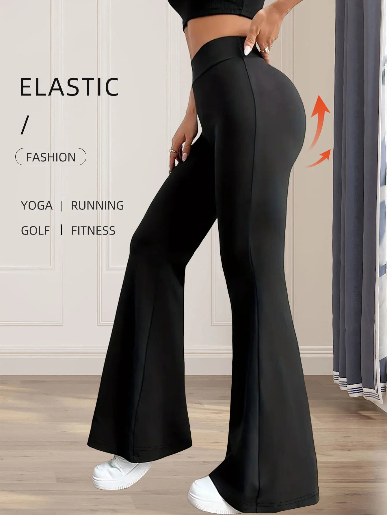 Pantalon évasé taille haute moulant pour femme, idéal pour le printemps et l'été ; pantalon noir long à jambes fines et larges pour femmes minces